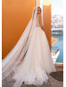 Plunging Neck Beaded Ivory Lace Tulle Slit Wedding Dress